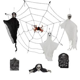 Outdoor Halloween Decorations 8-Piece Set, Hanging Ghosts Decor And Cobweb And Gravestone With Lighted Up Eyes, Scary Swinging Ghost Flying For Y (Option: HalloweenDecoration)